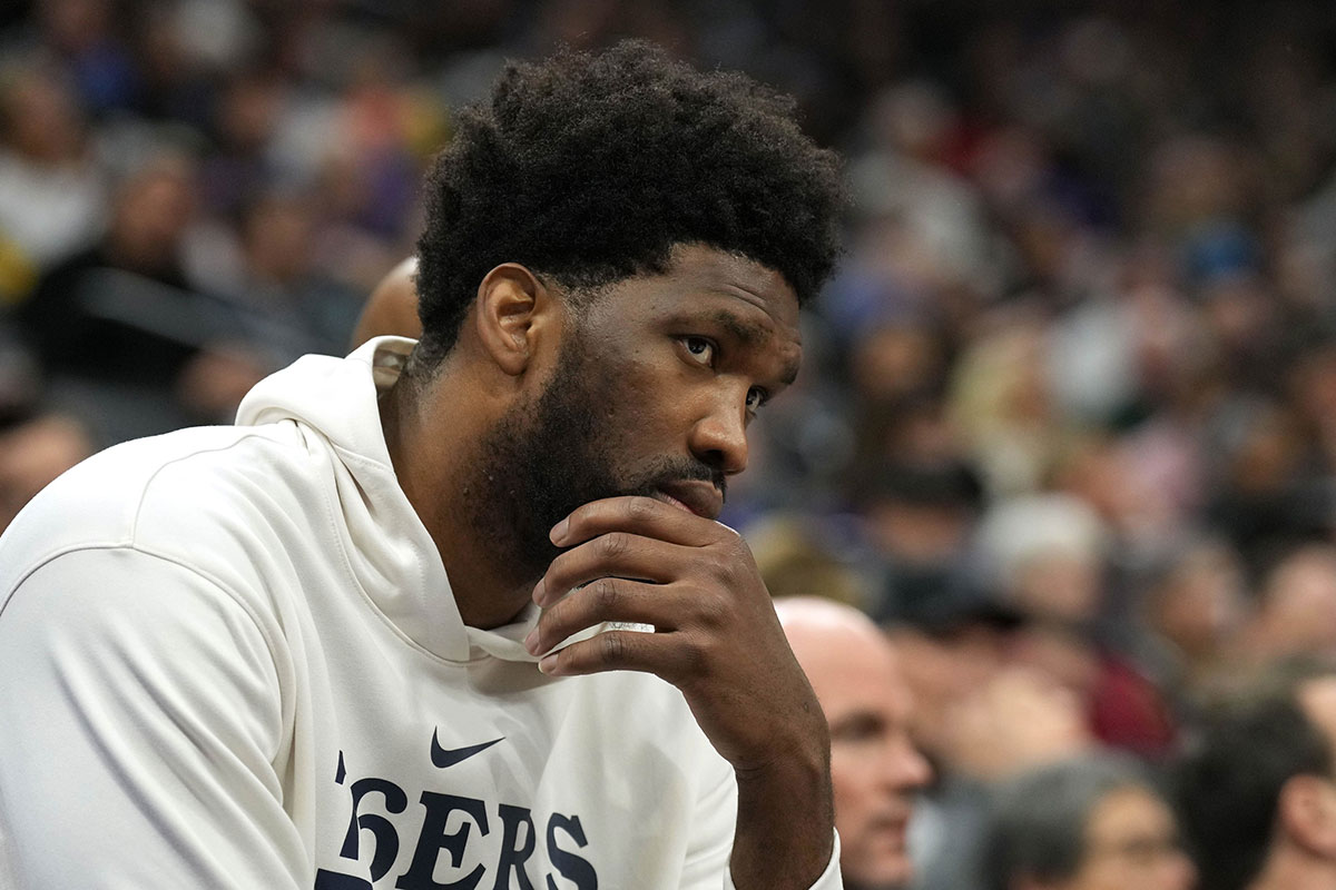 Philadelphia 76ers center Joel Embiid (21) sits on the bench during the second quarter against the Sacramento Kings at Golden 1 Center.