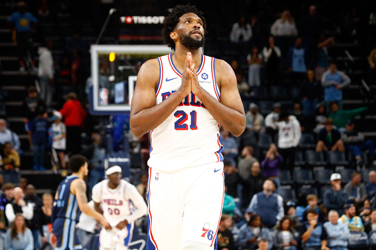 Philadelphia 76ers center Joel Embiid (21) reacts after a turnover during the second half against the Memphis Grizzlies at FedExForum.