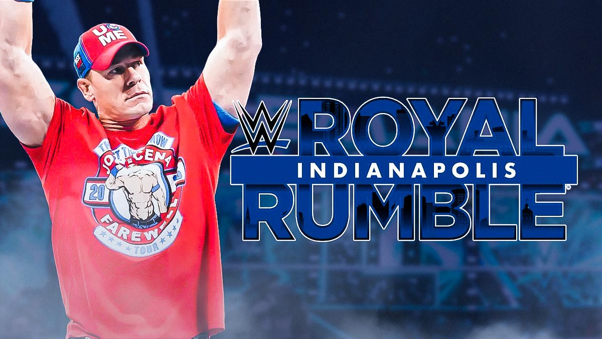 WWE star John Cena, who will embark on a farewell tour in 2025, with the Royal Rumble logo.