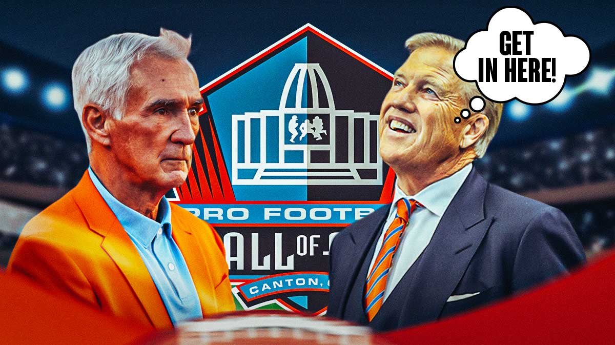 Mike Shanahan in front of the NFL Hall of Fame and Denver Broncos great John Elway with a thought bubble that says: Get in here! as Elway thinks Shanahan should be in the hall of fame.