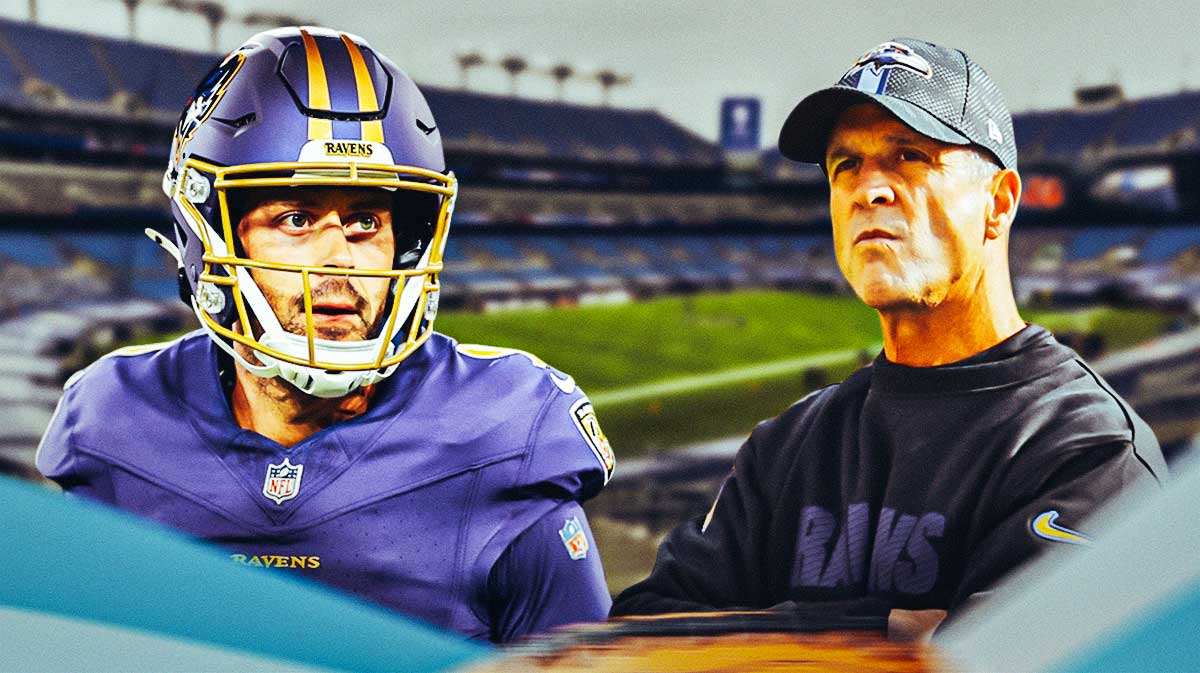 Justin Tucker with stoic expression in Ravens uniform next to John Harbaugh