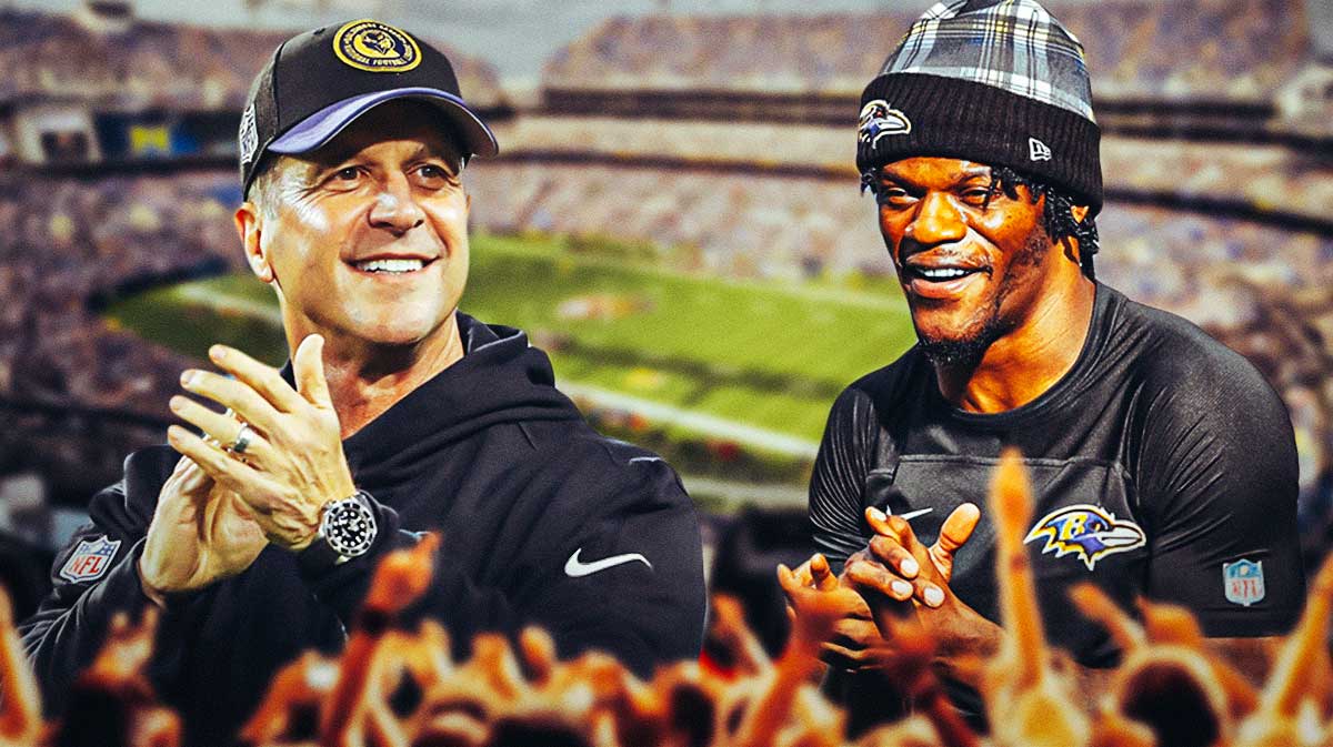John Harbaugh and Lamar Jackson celebrating