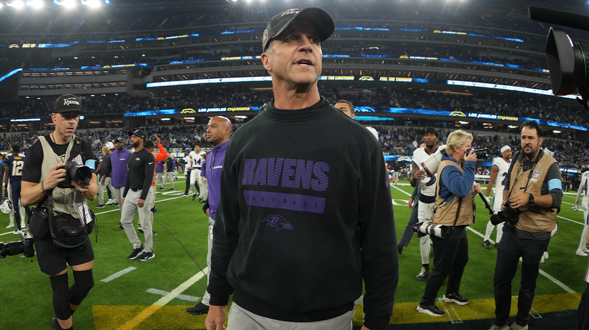 Baltimore Ravens coach John Harbaugh reacts after the game against the Los Angeles Chargers at SoFi Stadium.