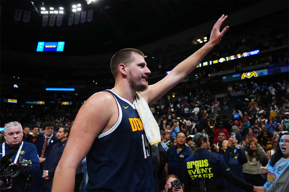 Denver Nuggets center Nikola Jokic (15) following the win over the Dallas Mavericks at Ball Arena.