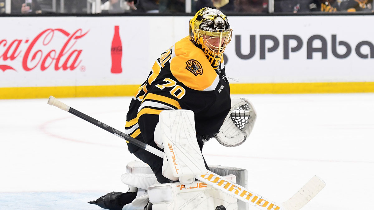 Boston Bruins goaltender Joonas Korpisalo (70) makes a save during the second period against the Utah Hockey Club at TD Garden.