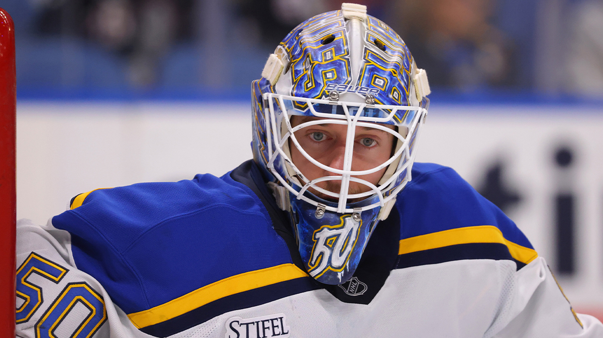 St. Louis Blues goaltender Jordan Binnington (50) looks for the puck during the second period against the Buffalo Sabres at KeyBank Center.