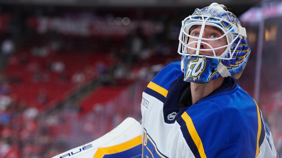 St. Louis Blues goaltender Jordan Binnington (50) looks on during the warmups before the game against the Carolina Hurricanes at Lenovo Center. 