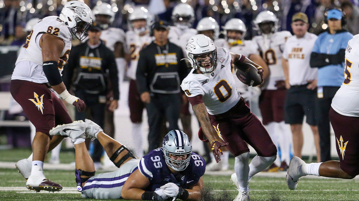 Arizona State Sun Devils wide receiver Jordyn Tyson (0) breaks away from Kansas State Wildcats defensive tackle George Traglia (95) during the third quarter at Bill Snyder Family Football Stadium.