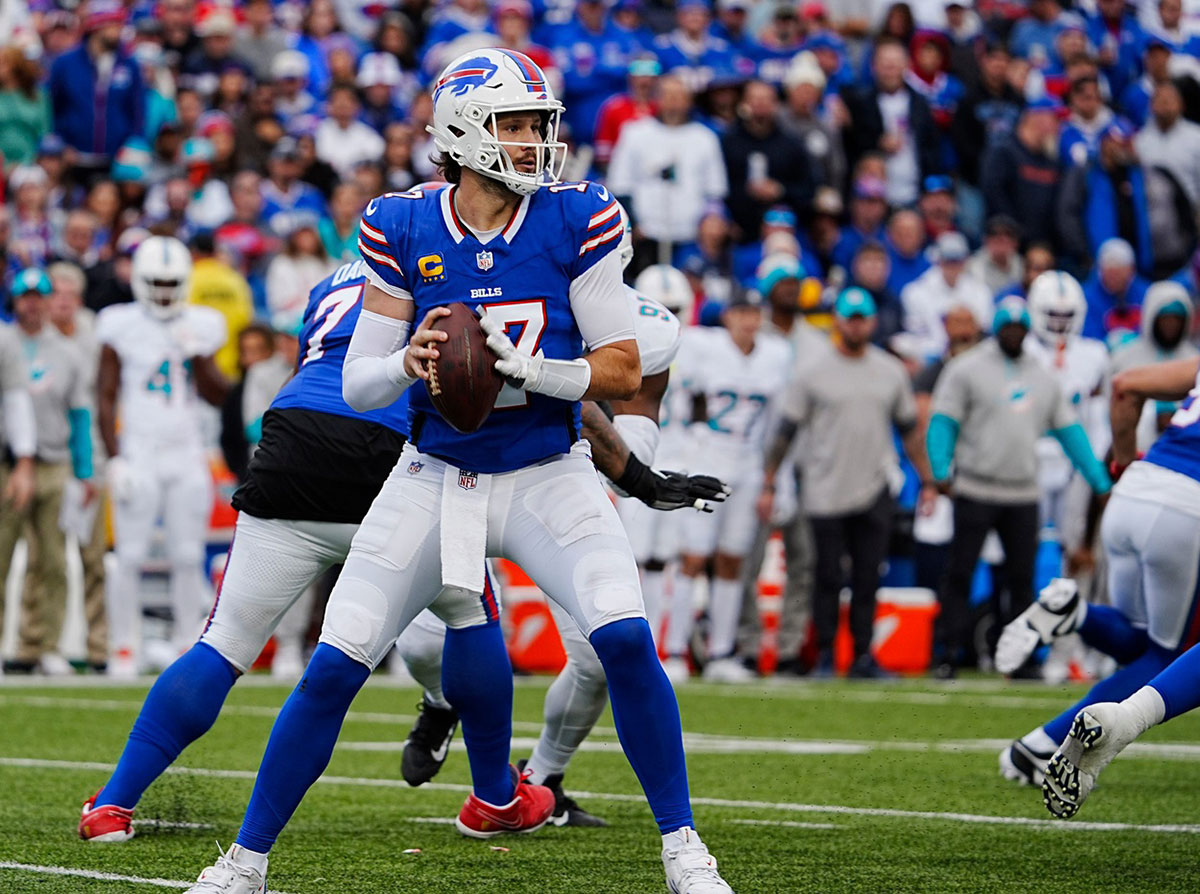 Bills quarterback Josh Allen waits before throwing.to a receiver during second half action at Highmark Stadium on Nov. 3, 2024.