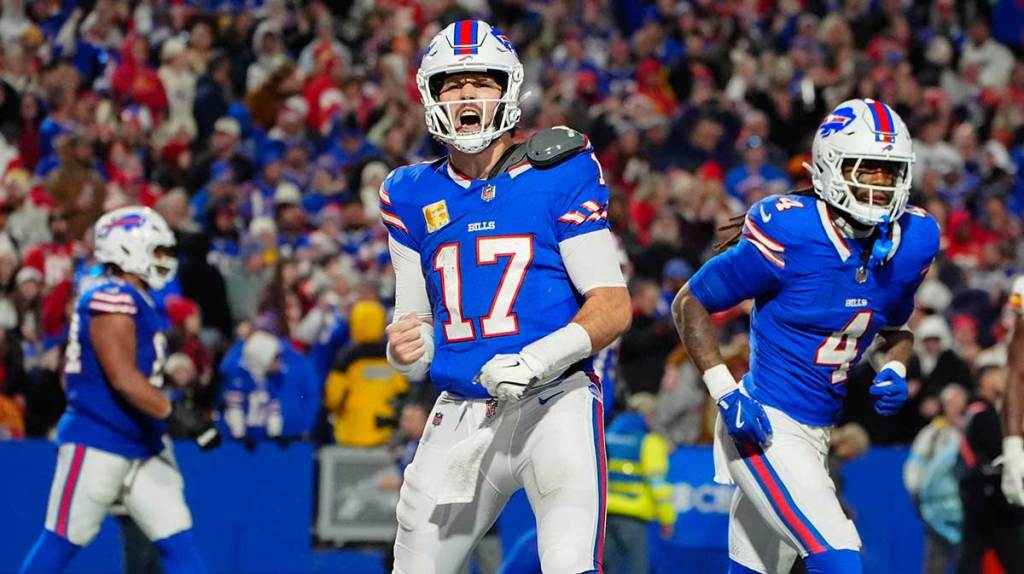  Buffalo Bills quarterback Josh Allen (17) reacts to scoring a touchdown against the Kansas City Chiefs during the second half at Highmark Stadium. 
