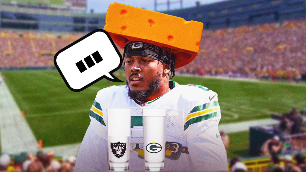 Green Bay Packers RB Josh Jacobs wearing a Green Bay Packers cheese head and a quote bubble with "..." inside. Jacobs has two drinking glasses of water in front of him. On the drinking glass of water on the left, it's almost empty with the Las Vegas Raiders logo on it. Then, the drinking glass of water on the right is full of water and has a Packers logo on it.