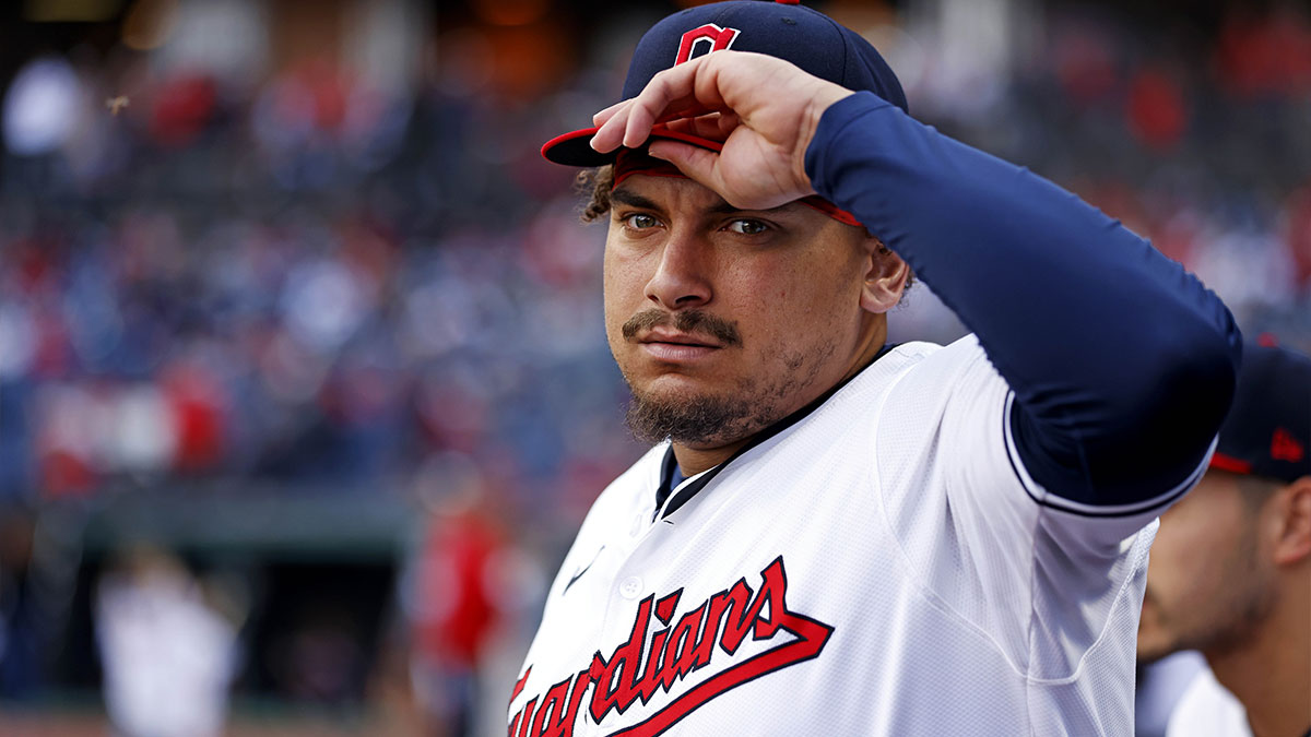 Cleveland Guardians first base Josh Naylor (22) looks on from the dug out before playing against the Detroit Tigers during game two of the ALDS for the 2024 MLB Playoffs at Progressive Field. 