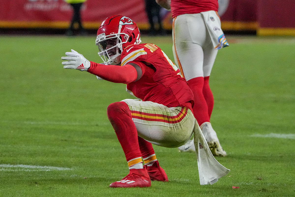 Kansas City Chiefs wide receiver JuJu Smith-Schuster (9) celebrates after a run against the New Orleans Saints during the second half at GEHA Field at Arrowhead Stadium.