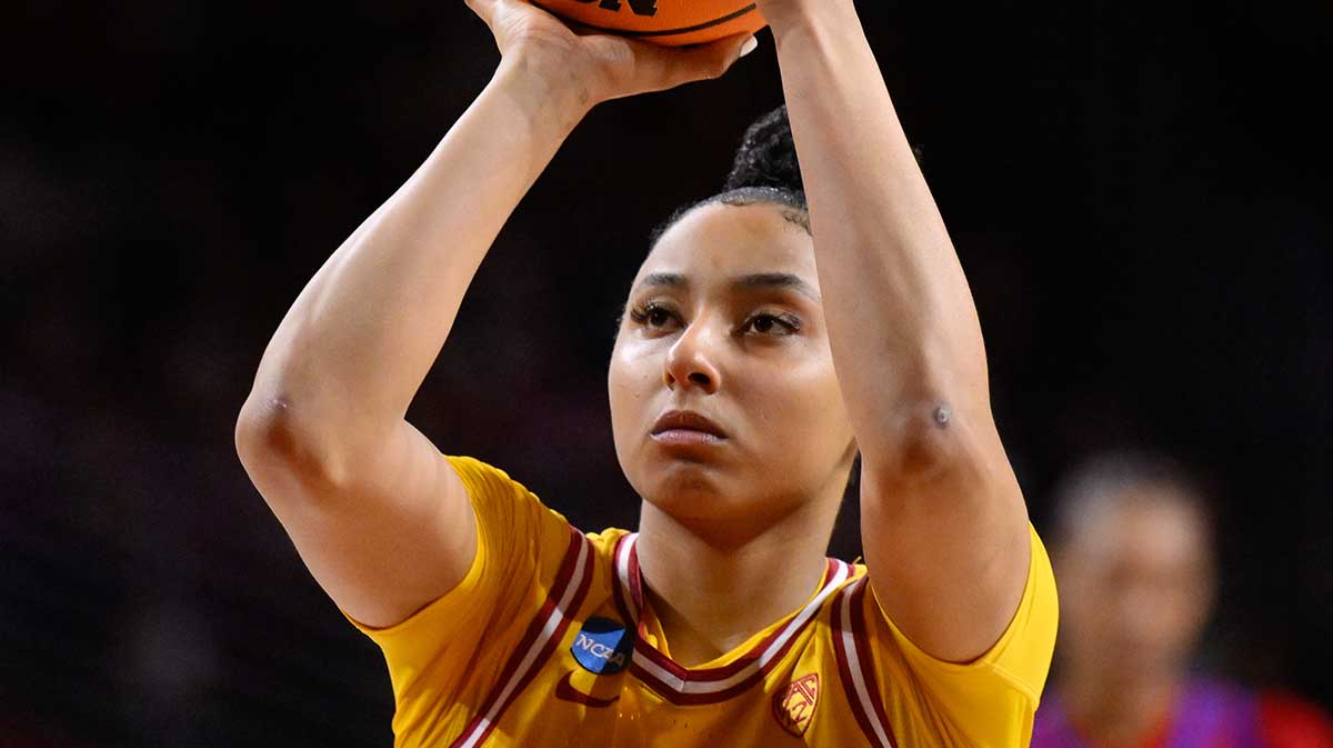 USC Trojans guard JuJu Watkins (12) shoots a free throw during an NCAA Women’s Tournament 2nd round game against the Kansas Jayhawks