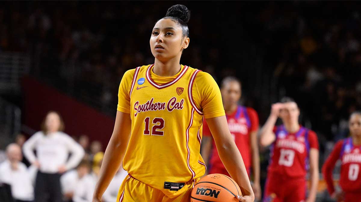 USC Trojans guard JuJu Watkins (12) gets ready to shoot free-throw during an NCAA Women’s Tournament 2nd round game against the Kansas Jayhawks at Galen Center.