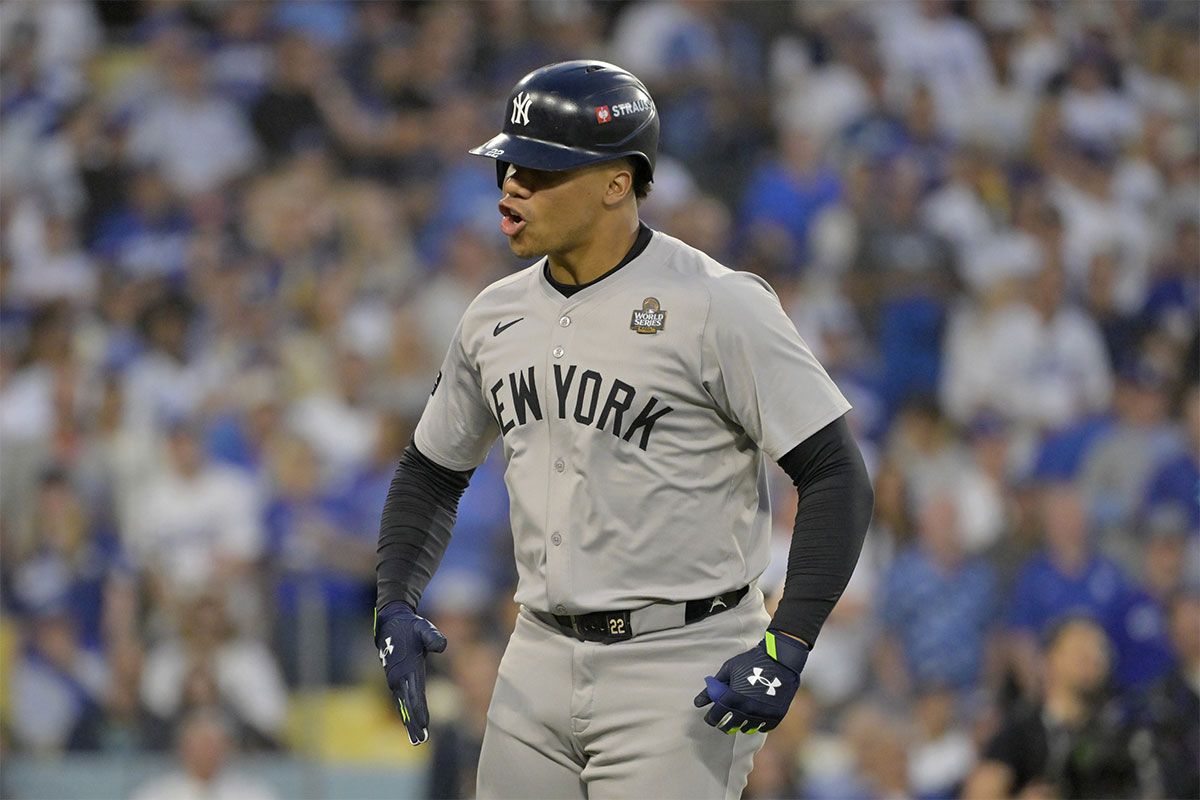 New York Yankees outfielder Juan Soto, 22, celebrates after hitting a solo home run in the third inning against the Los Angeles Dodgers during game two of the 2024 MLB World Series at Dodger Stadium.