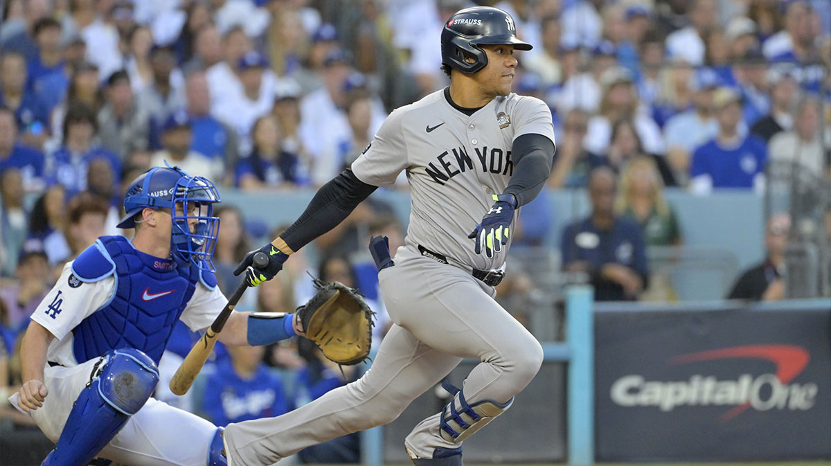 New York Yankees outfielder Juan Soto (22) grounds out in the first inning against the Los Angeles Dodgers during game two of the 2024 MLB World Series at Dodger Stadium.