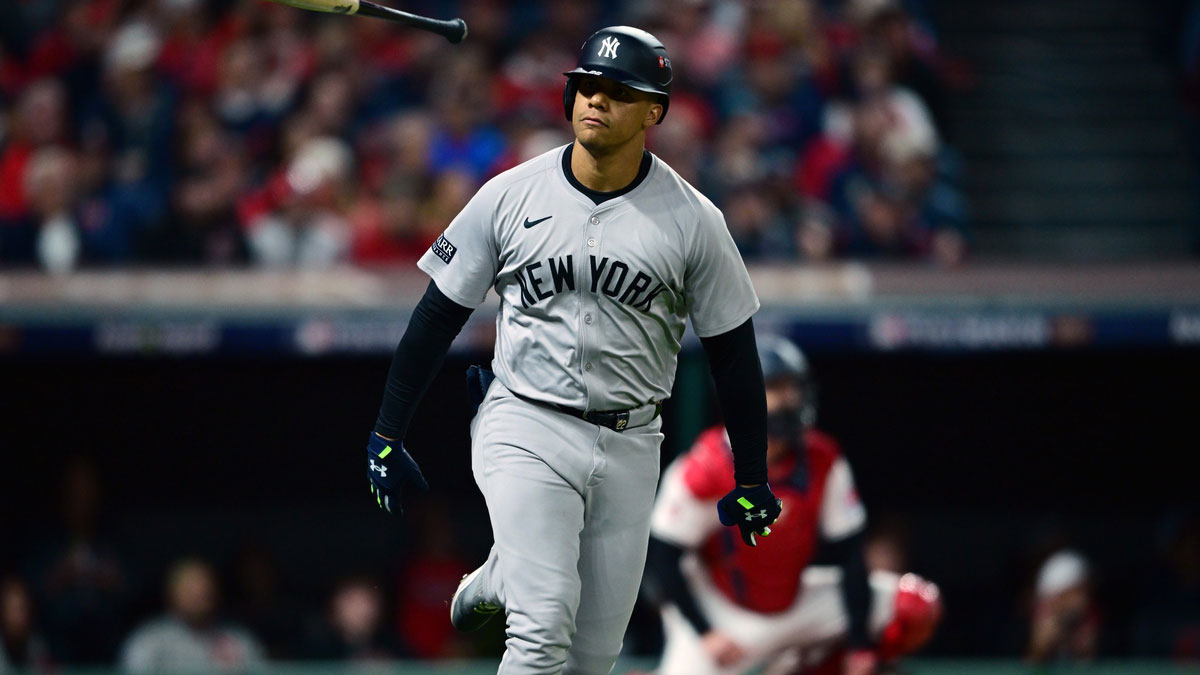 New York Yankees outfielder Juan Soto (22) celebrates after hitting a two run home run against the Cleveland Guardians in the first inning during game four of the ALCS for the 2024 MLB playoffs at Progressive Field.