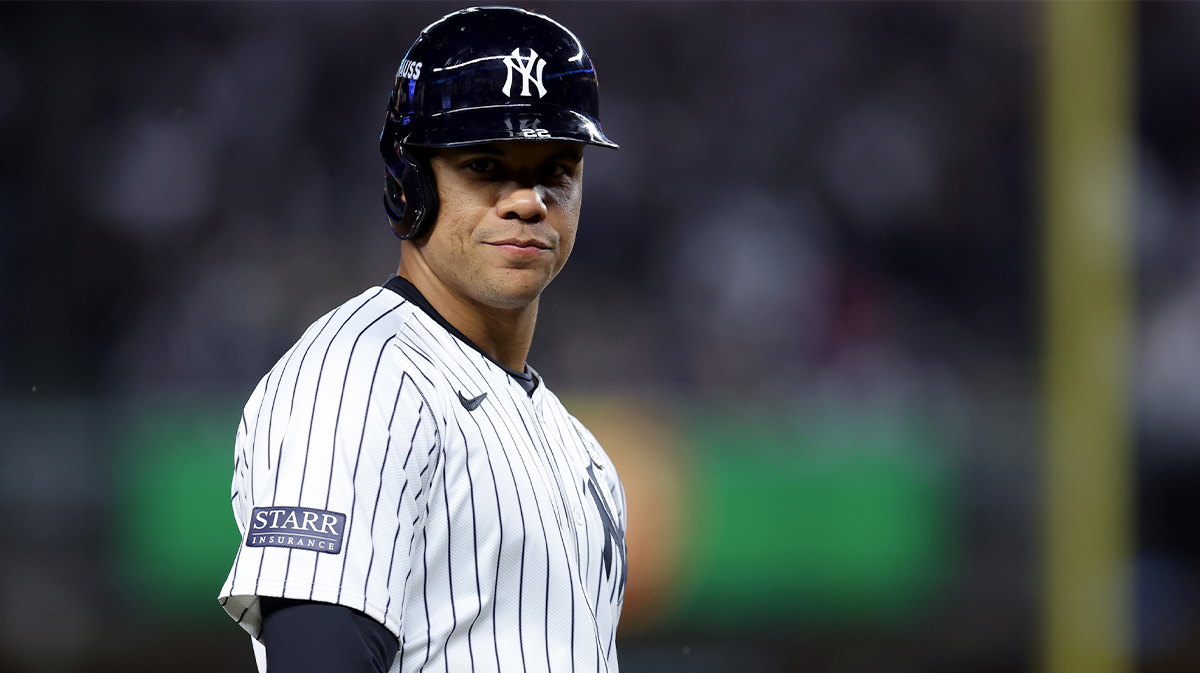 New York Yankees outfielder Juan Soto (22) on third base during the first inning in game four of the 2024 MLB World Series against the Los Angeles Dodgers at Yankee Stadium.