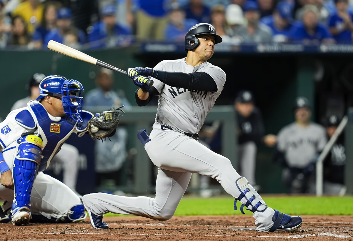 New York Yankees outfielder Juan Soto (22) bats during the third inning against the Kansas City Royals in game four of the ALDS for the 2024 MLB Playoffs at Kauffman Stadium.