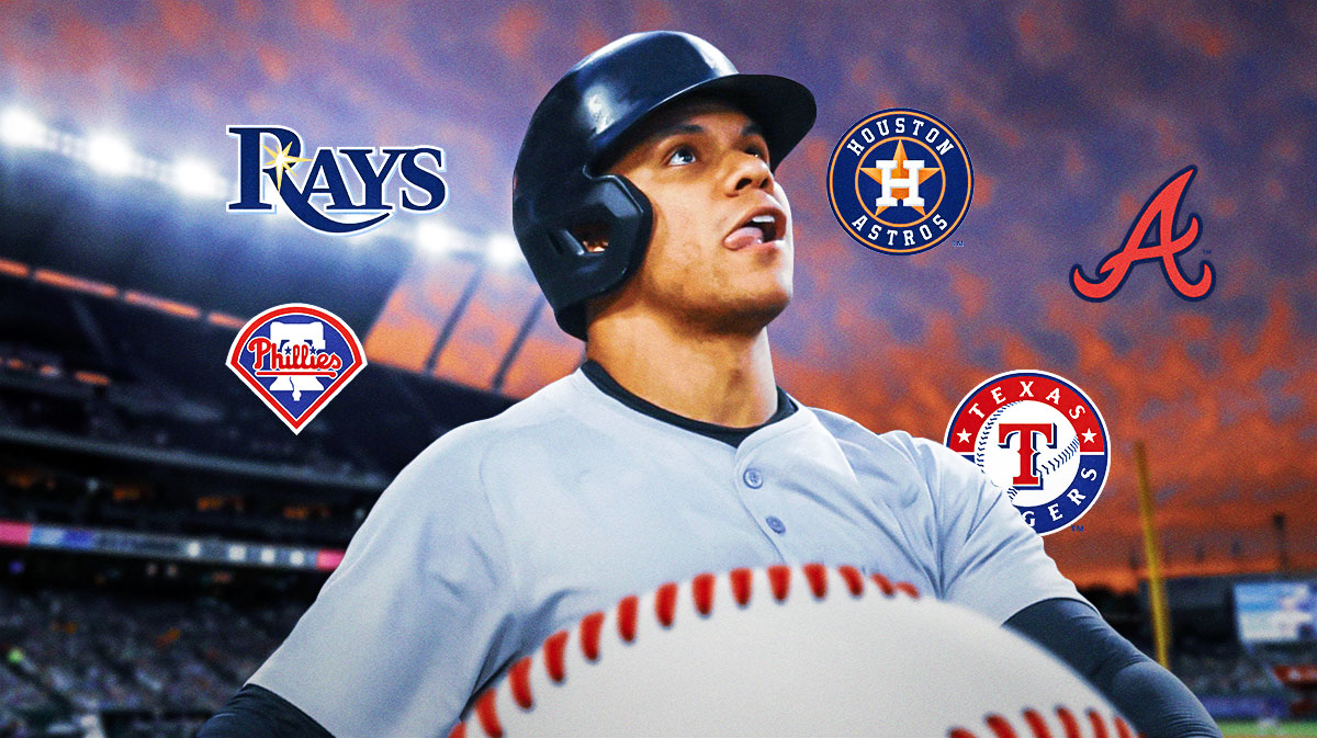 Juan Soto in a blank uniform, with Rays, Giants, Phillies, Astros, Rangers, and Braves logos around him