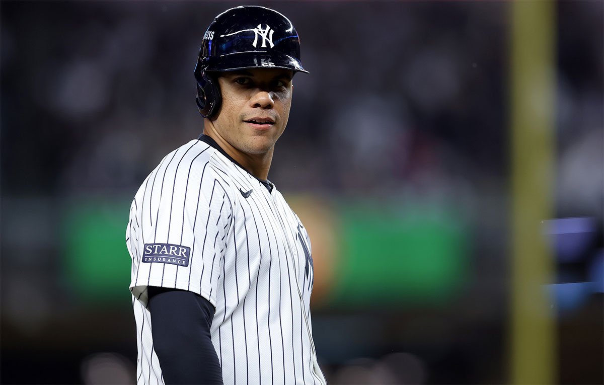 New York Yankees outfielder Juan Soto (22) on third base during the first inning in game four of the 2024 MLB World Series against the Los Angeles Dodgers at Yankee Stadium.