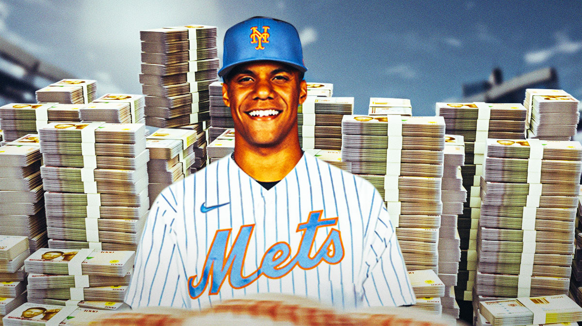 Juan Soto surrounded by piles of cash.