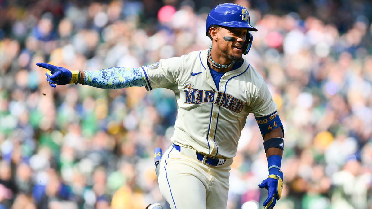 Seattle Mariners center fielder Julio Rodriguez (44) celebrates after hitting an RBI single against the Oakland Athletics during the fifth inning at T-Mobile Park.