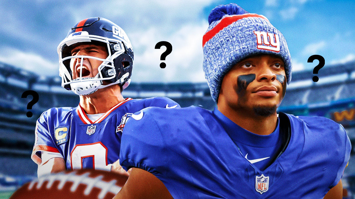 Justin Fields with a New York Giants jersey photoshopped on him, without a jersey number, and Daniel Jones next to him, with question marks surrounding them