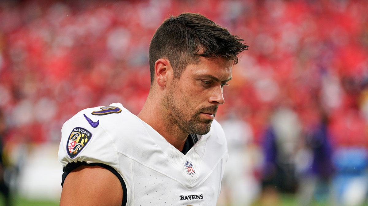 Baltimore Ravens kicker Justin Tucker (9) warms up against the Kansas City Chiefs prior to a game at GEHA Field at Arrowhead Stadium.