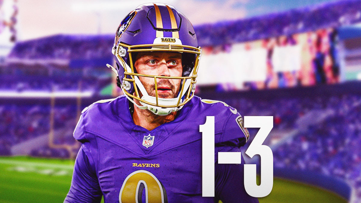 Justin Tucker with the number 1-3 next to him in front of a Ravens motif