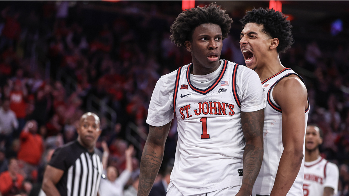 St. John's Red Storm guards Kadary Richmond (1) and RJ Luis Jr. (12) celebrate in the second half against the New Mexico Lobos at Madison Square Garden. 