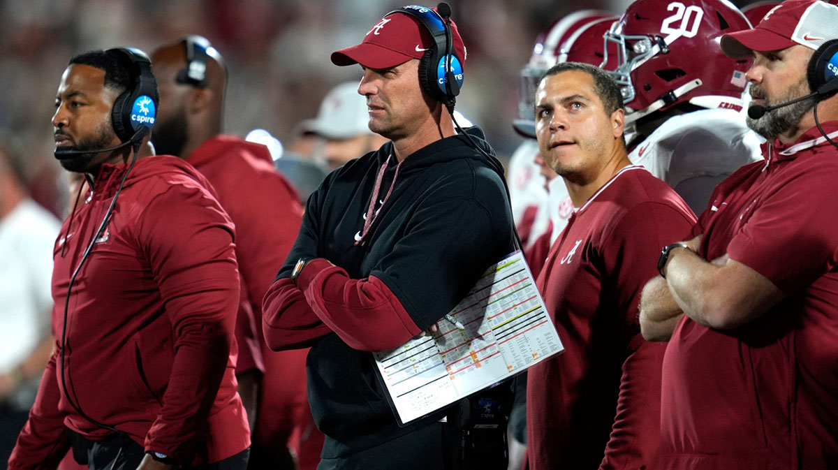 Alabama coach Kalen DeBoer watches during a college football game between the University of Oklahoma Sooners (OU) and the Alabama Crimson Tide at Gaylord Family - Oklahoma Memorial Stadium in Norman, Okla., Saturday, Nov. 23, 2024. Oklahoma won 24-3.