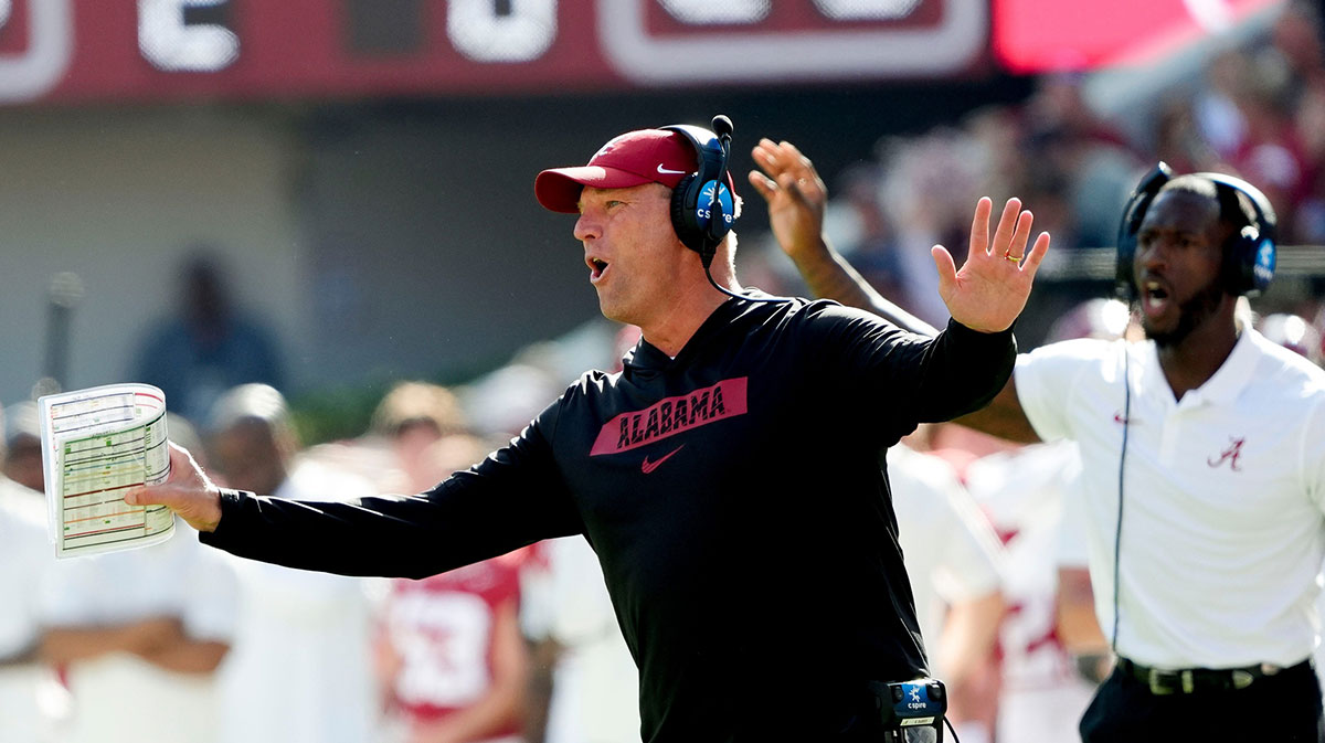 Alabama Crimson Tide head coach Kalen DeBoer protests a personal foul call against Alabama during the game with Mercer at Bryant-Denny Stadium.