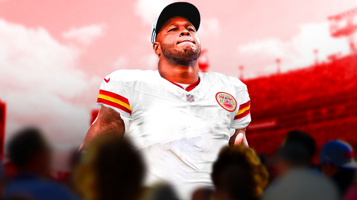 DJ Humphries in a photoshopped Kansas City Chiefs jersey without a number on it and a background of Arrowhead Stadium