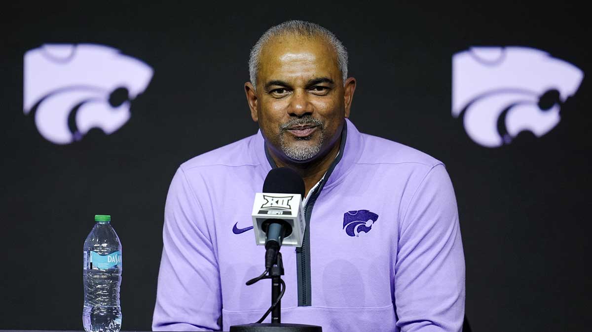 Kansas State Wildcats head coach Jerome Tang talks to media during the Big 12 Men’s Basketball Media Day at T-Mobile Center.
