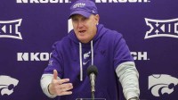 Kansas State Wildcats head coach Chris Klieman speaks with the media after defeating the West Virginia Mountaineers at Mountaineer Field at Milan Puskar Stadium