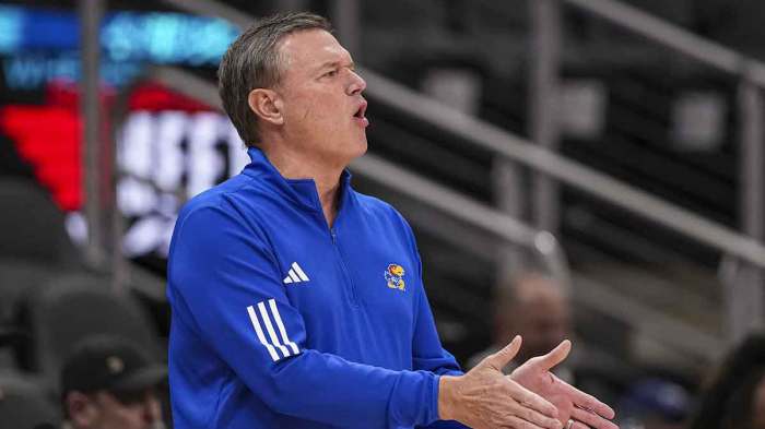 Kansas Jayhawks head coach Bill Self reacts on the bench against the Michigan State Spartans during the first half at State Farm Arena