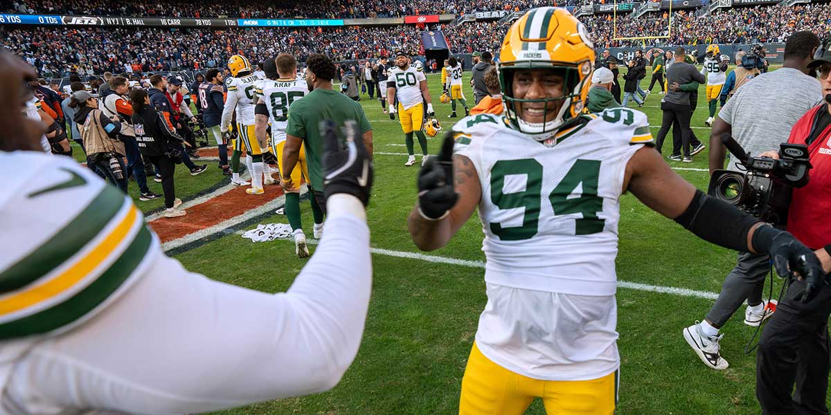 Green Bay Packers defensive end Karl Brooks (94) celebrate after blocking a field goal as time expired during their game Sunday, November 17, 2024 at Solider Field in Chicago, Illinois. The Green Bay Packers beat the Chicago Bears 20-19.
