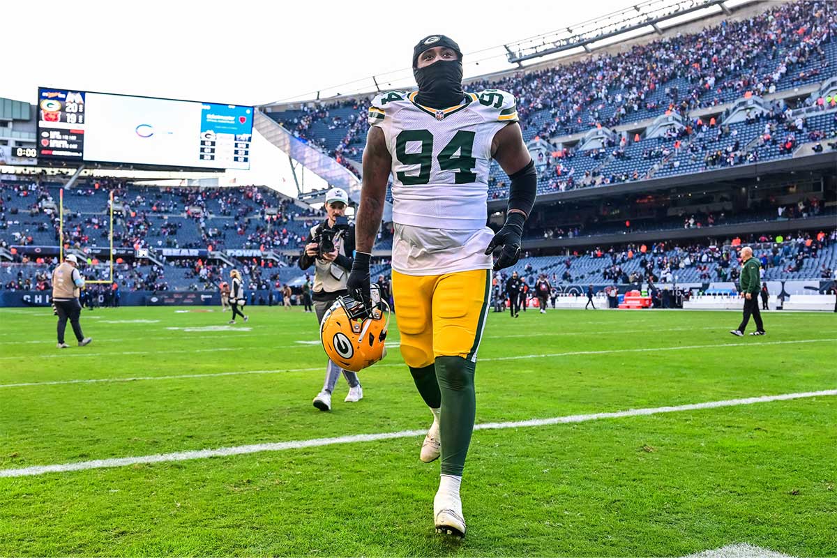 Green Bay Packers defensive tackle Karl Brooks (94) walks off the field after the game against the Chicago Bears at Soldier Field.