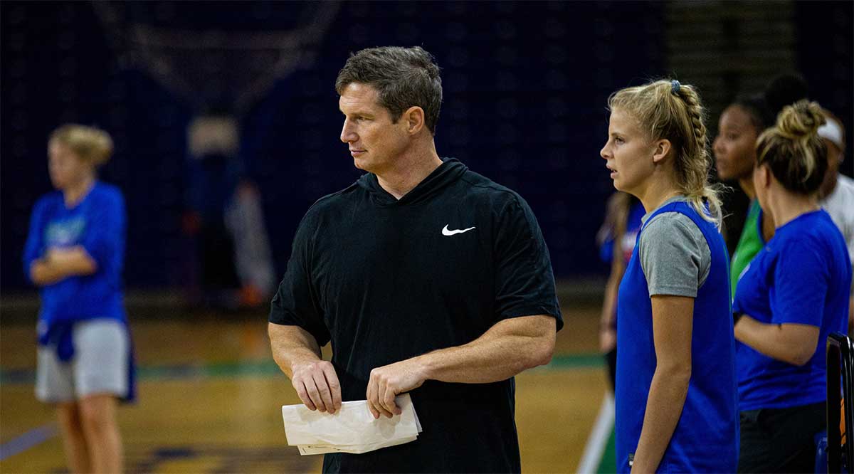 Karl Smesko, head coach of the Florida Gulf Coast University women's basketball team, walks the sideline during a practice on Thursday, Nov. 3, 2022. Karl8997