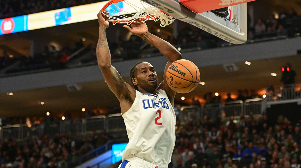 Los Angeles Clippers Next Kavhi Leonard (2) Dunks Ball in the second quarter against Milvaukee Bucks at Fiserv Forum.