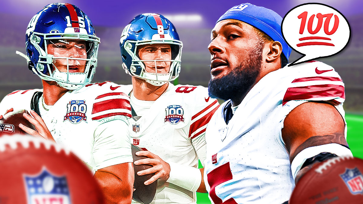 NY Giants’ Kayvon Thibodeaux with the 💯 emoji looking at QBs Daniel Jones and Tommy DeVito