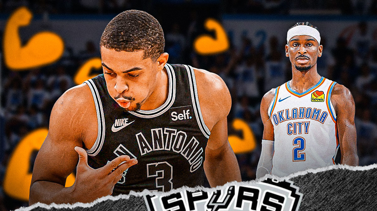 Spurs' Keldon Johnson hyped up, with flex emojis all over him, Shai Gilgeous-Alexander beside him looking sad