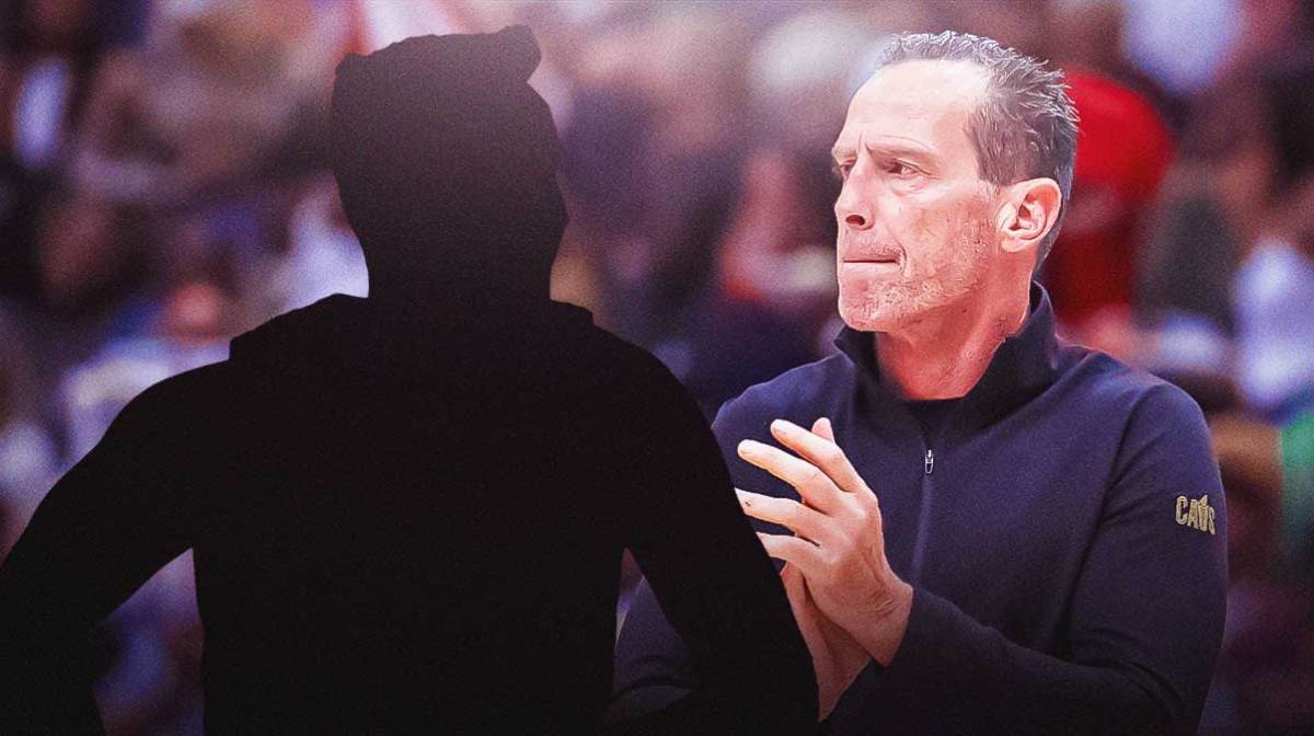 A silhouetted Cavs player next to Kenny Atkinson surrounded by question marks