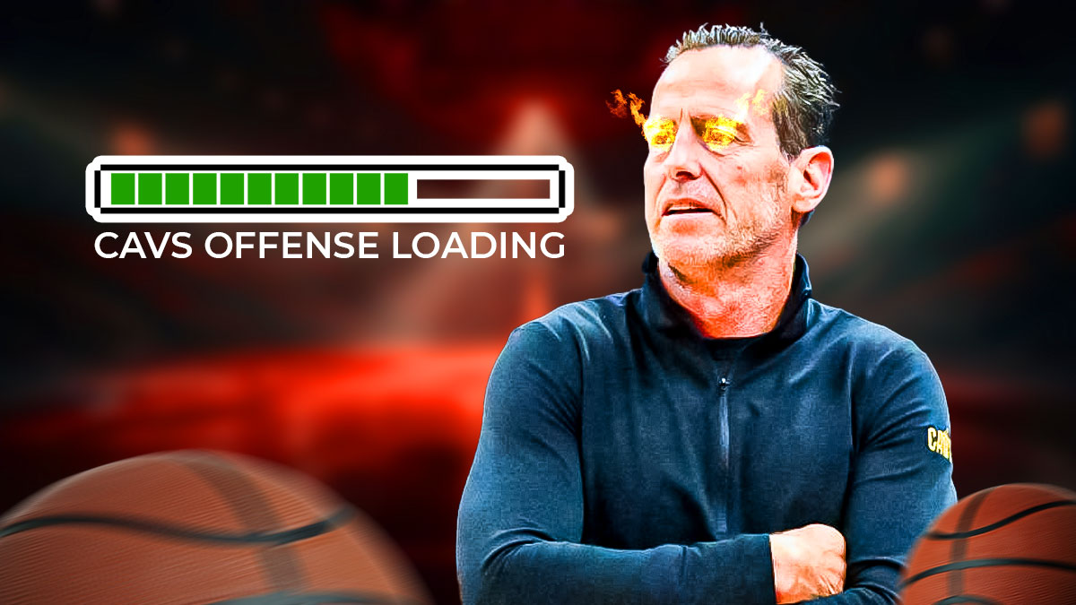 Kenny Atkinson with fire in his eyes featuring a loading bar that says "CAVS OFFENSE LOADING."