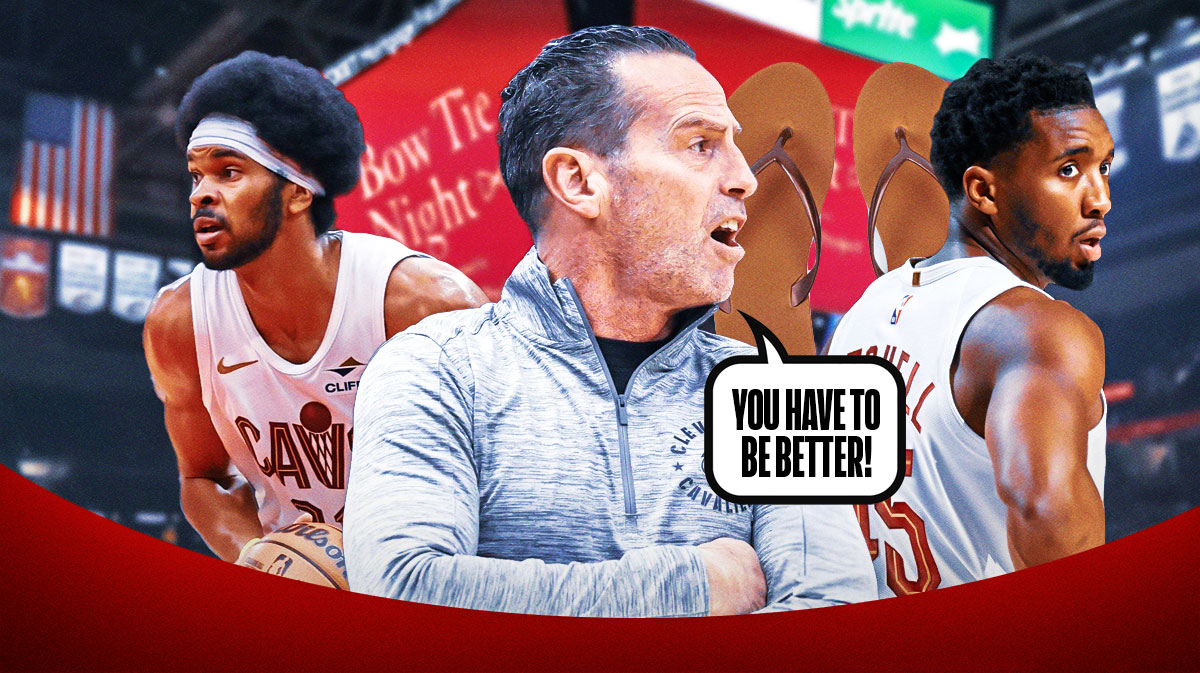 Kenny Atkinson with a speech bubble saying, "You have to be better!" to Donovan Mitchell and Jarrett Allen with a flip-flop in the background.