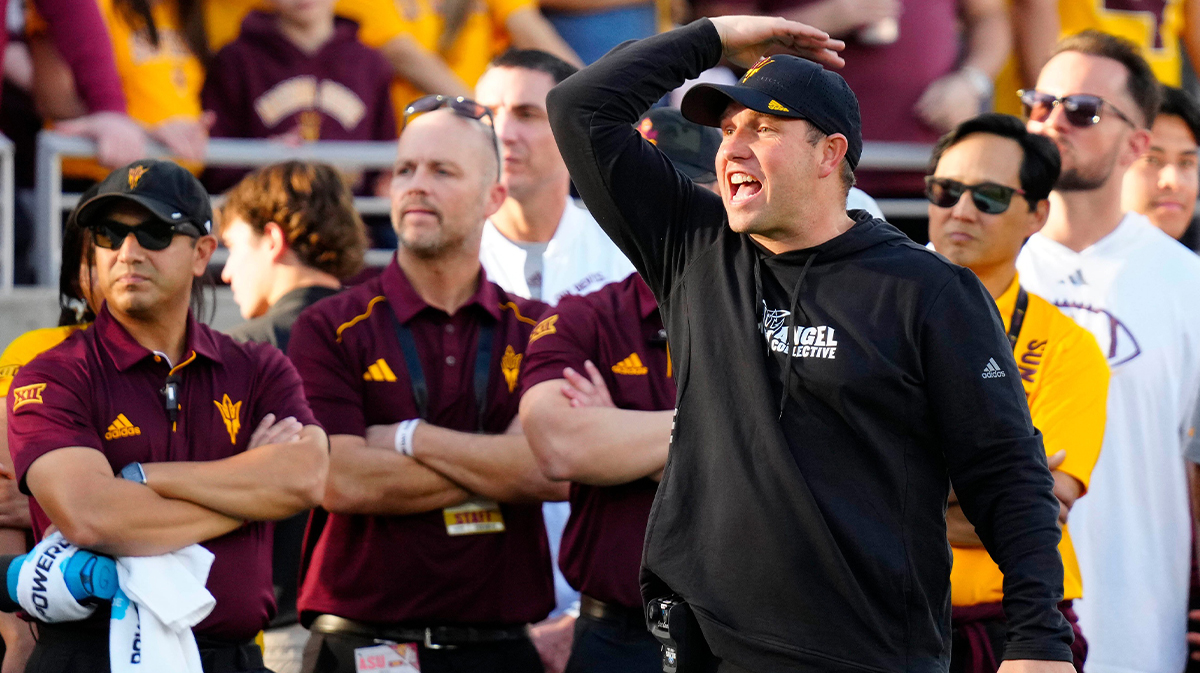 Arizona State head coach Kenny Dillingham argues with a call against BYU during the second half at Mountain America Stadium in Tempe on Nov. 23, 2024.
