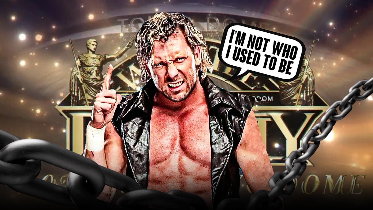 Kenny Omega with a text bubble reading "I’m not who I used to be" in front of the New Japan Wrestle Dynasty logo