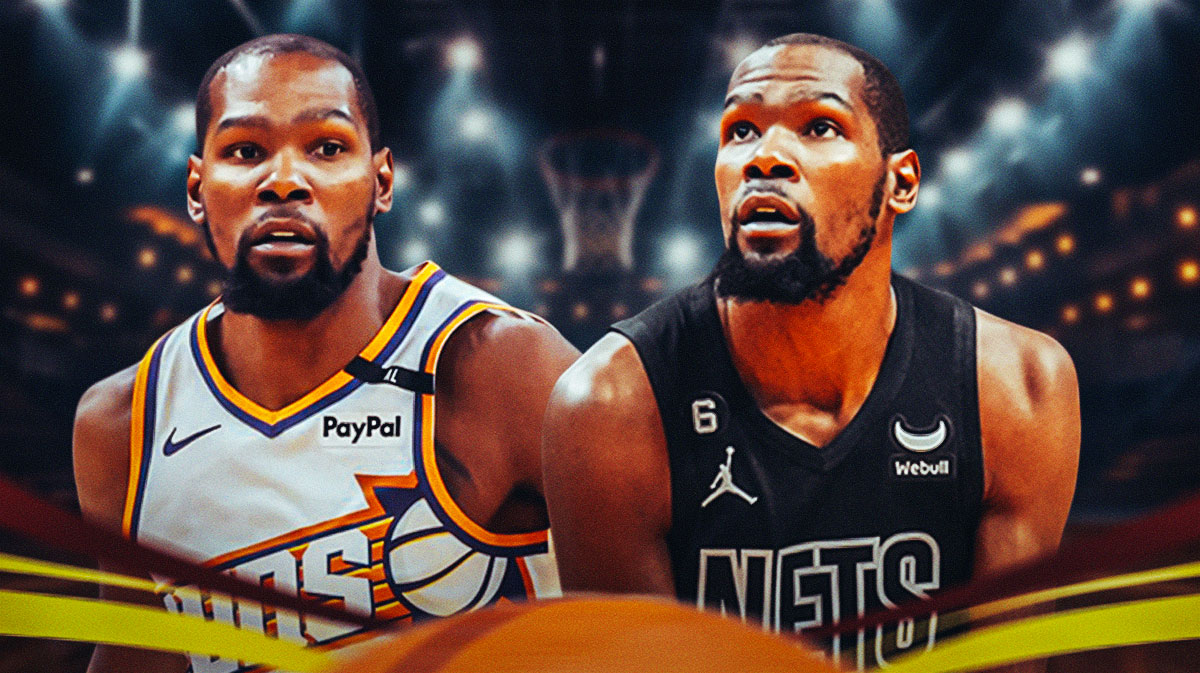Two Kevin Durants, one in a Nets uniform and one in a Suns uniform